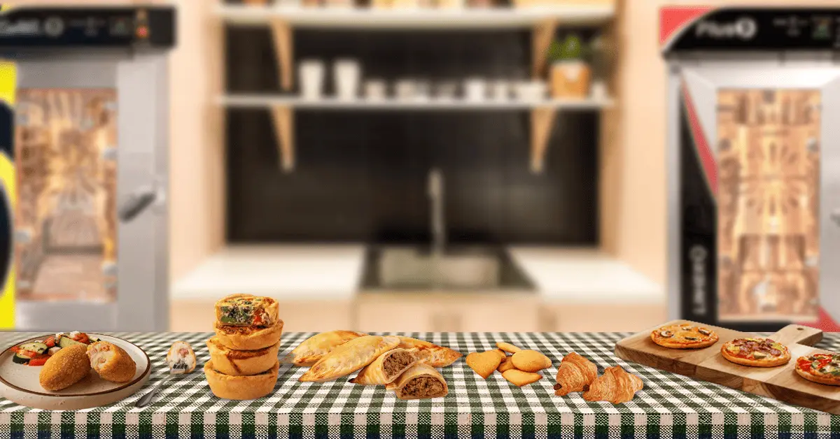 Conjunto de aperitivos con hornos de convección colocados sobre una mesa de cocina con hornos de conveccion LINHER al fondo