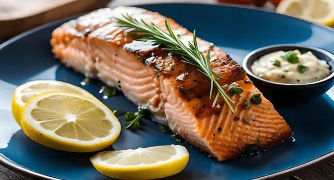Salmón al horno con limón y eneldo cocinado con uno de los platos principales con hornos de convección sobre un plato azul