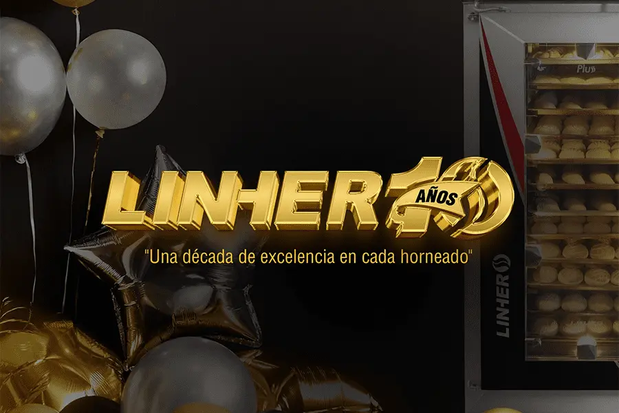 Imagen del logotipo de LINHER 10 años con globos y un horno de convección plus al fondo