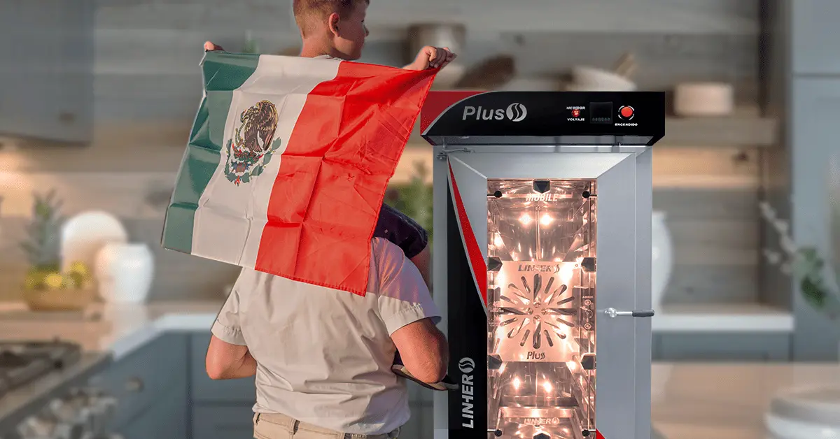 Padre cargando sobre sus hombros a su hijo que tiene la bandera nacional mexicana con horno de convección