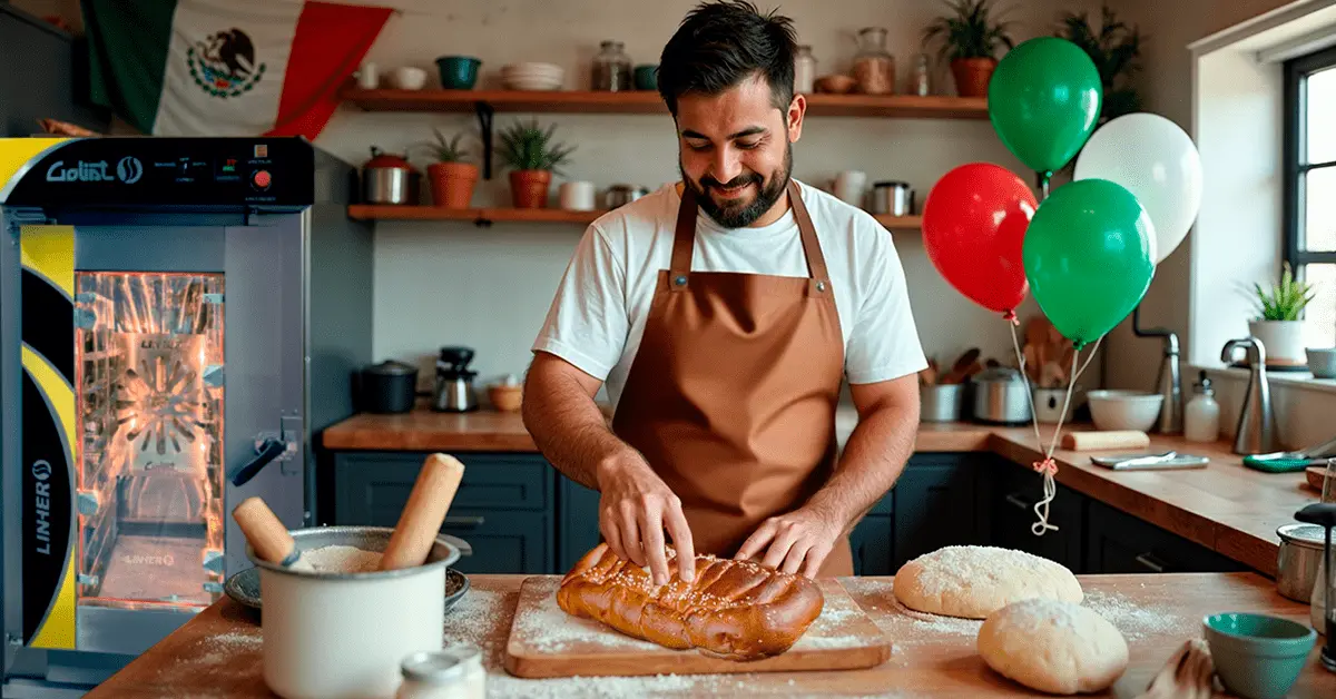 Panadero formando masas para hornear pan de feria en una cocina con un horno de convección Goliat al fondo