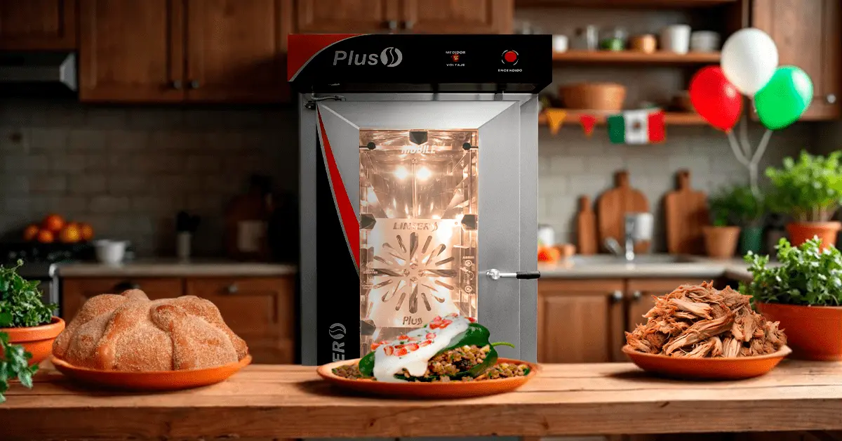 Platillos tradicionales colocados en una mesa de cocina mexicana con un horno de convección LINHER al fondo