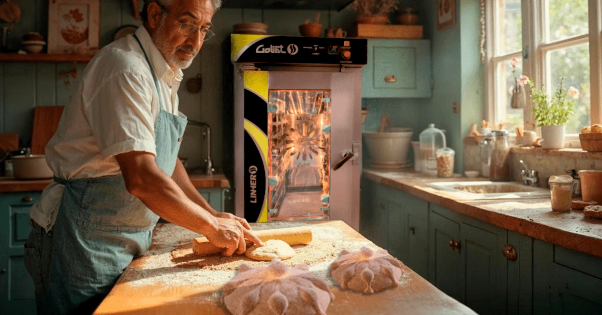 Hombre mayor amasando masa para preparar pan de muerto en hornos de convección LINHER