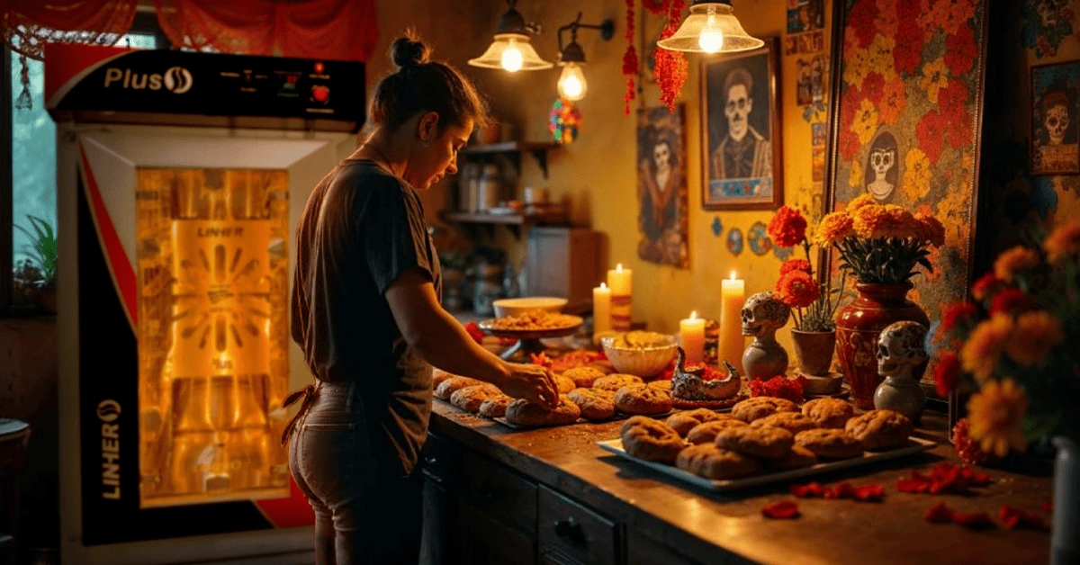 Mujer panadera colocando panes en ofrenda para el día de muertos en una cocina tradicional mexicana con un horno de convección LINHER