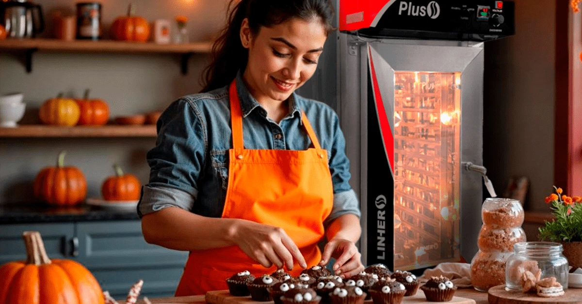 Mujer panadera decorando cupcakes con ojos en halloween con un horno de convección LINHER al fondo