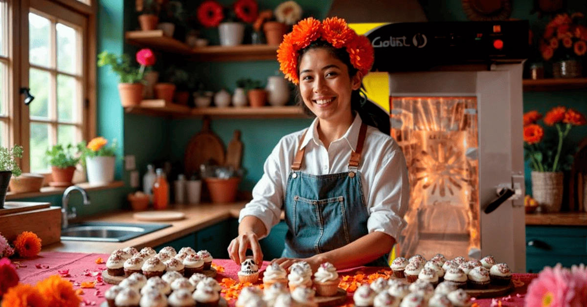 Mujer realizando postres para día de muertos utilizando un horno de convección LINHER Goliat