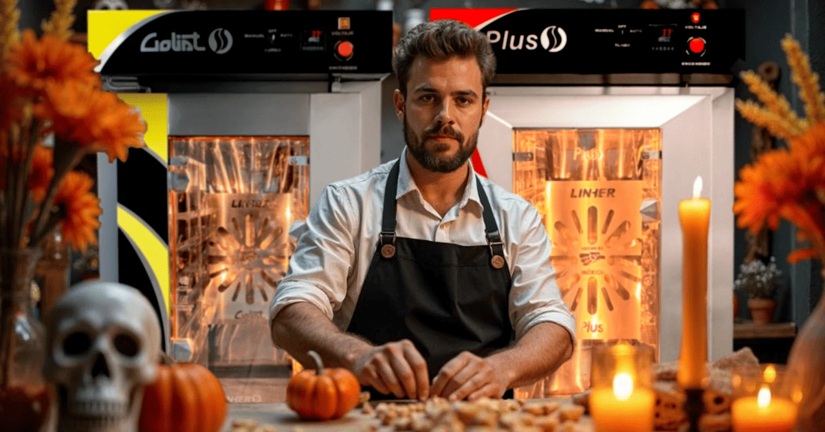Panadero colocando elementos del día de muertos en su panadería con hornos de convección LINHER al fondo
