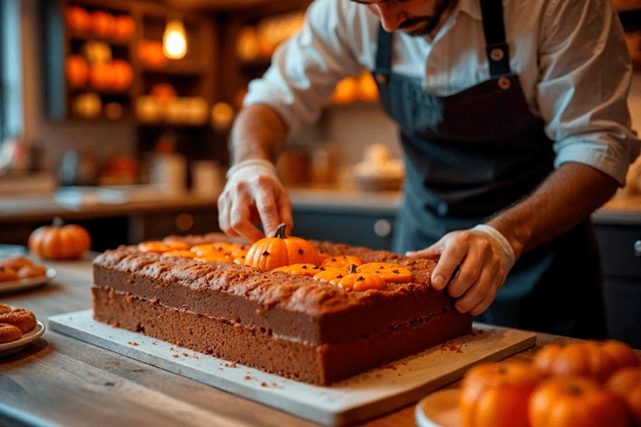 Panadero colocando una decoración de calabaza sobre un pastel