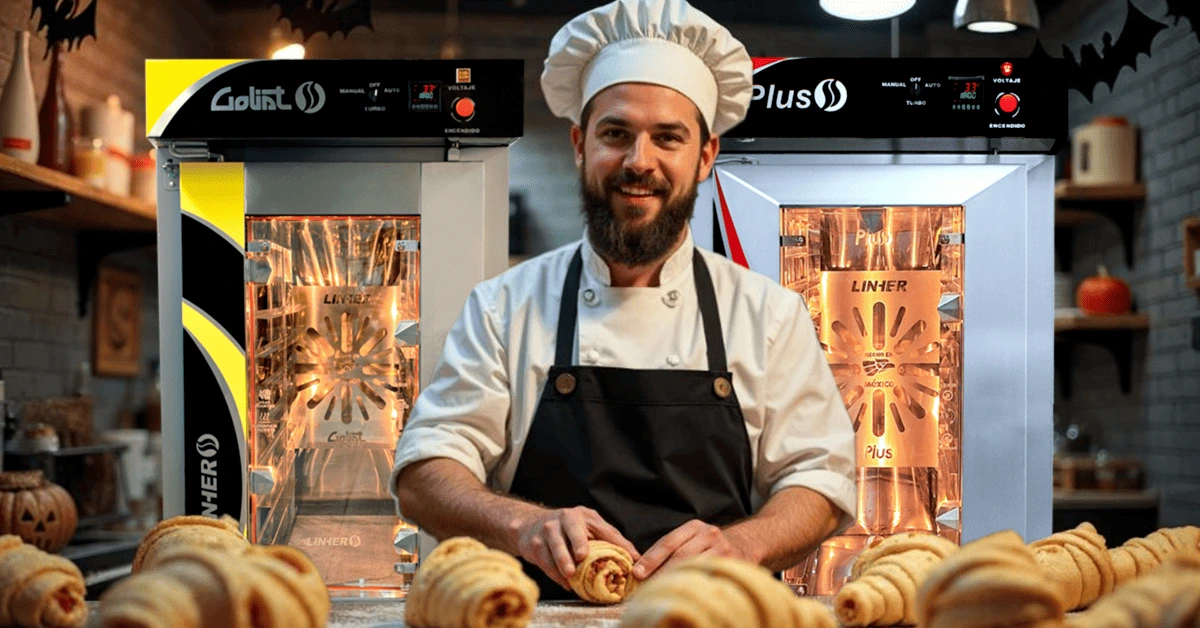Panadero creando panes estilo calzone en forma de momias con hornos de convección LINHER al fondo