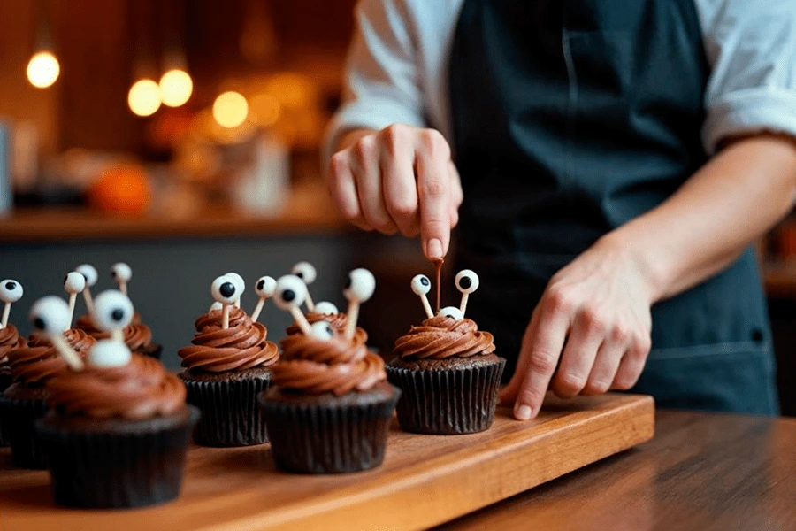 Panadero haciendo colocándole ojos de gomita a cupcakes