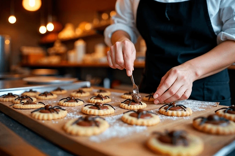 Panadero haciendo decoración de arañas sobre galletas