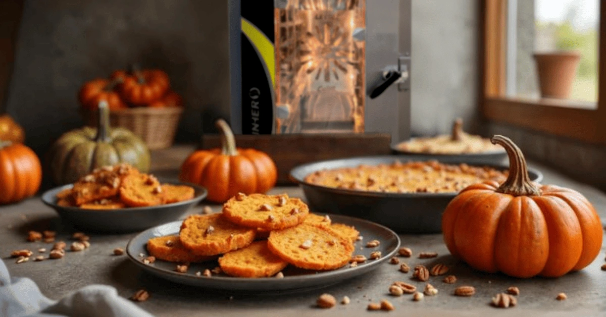 Menú otoñal con algunos platillos para la temporada sobre una mesa con un horno de convección al fondo