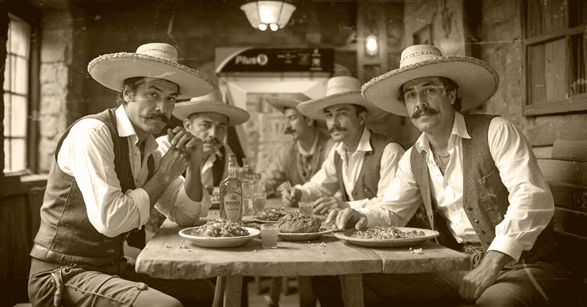 Mexicanos de la época de la revolución mexicana disfrutando de una comida con un horno de convección LINHER al fondo