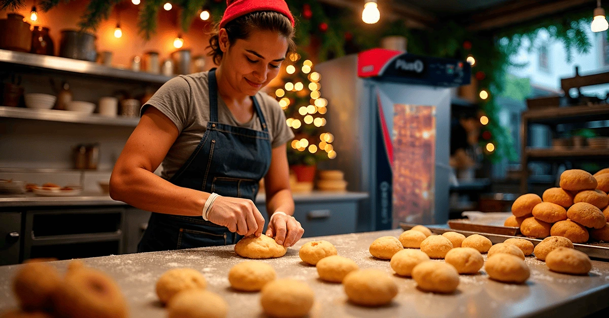 Mujer mexicana panadera haciendo bolitas de masa para preparar buñuelos con un horno de convección LINHER al fondo