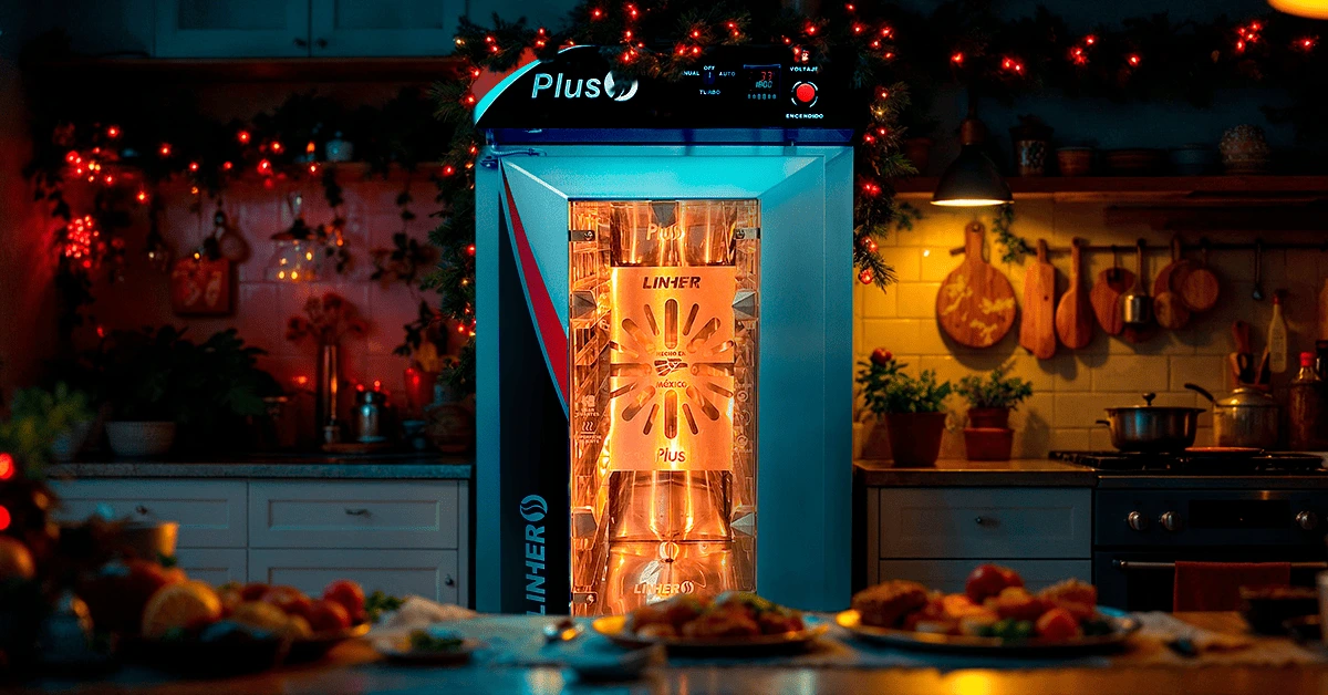 Horno de convección LINHER Plus en una cocina mexicana decorada para navidad con platillos recocidos