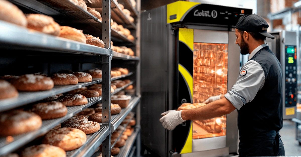 Panadero colocando panes en anaqueles, con un horno de convección LINHER Goliat al fondo