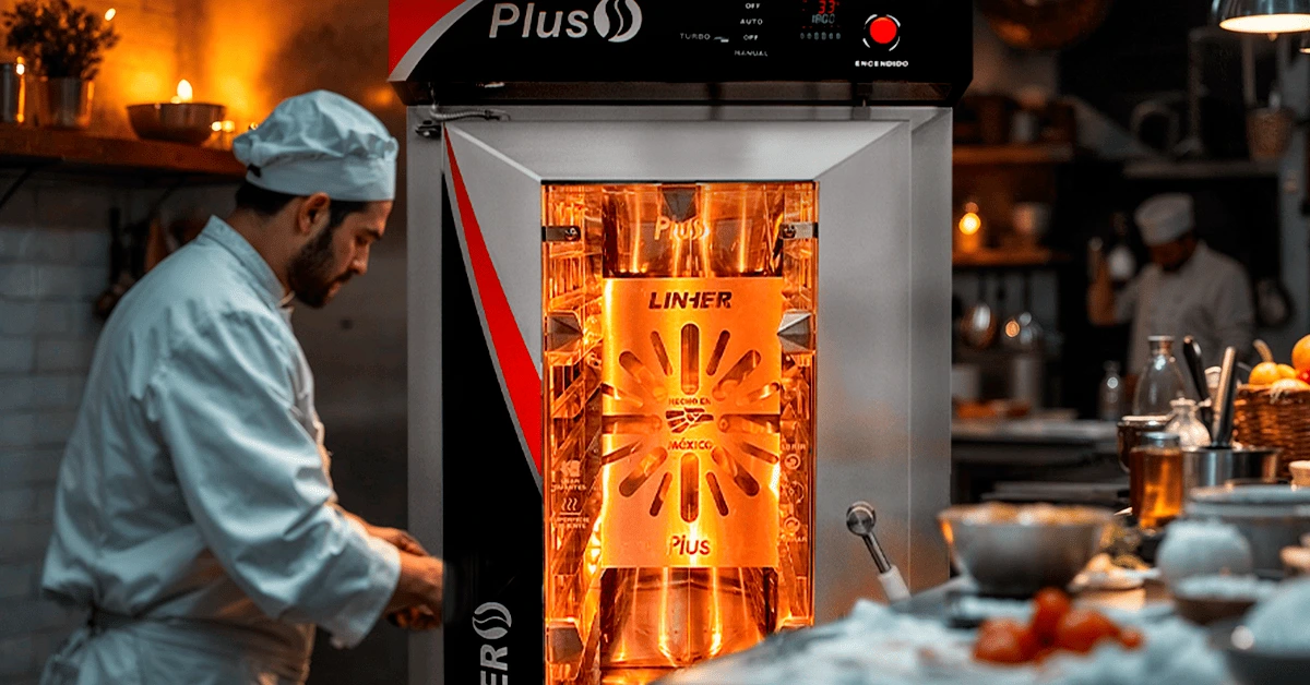 Cocinero en un restaurante cocinando alimentos para el inverno en un horno de convección LINHER