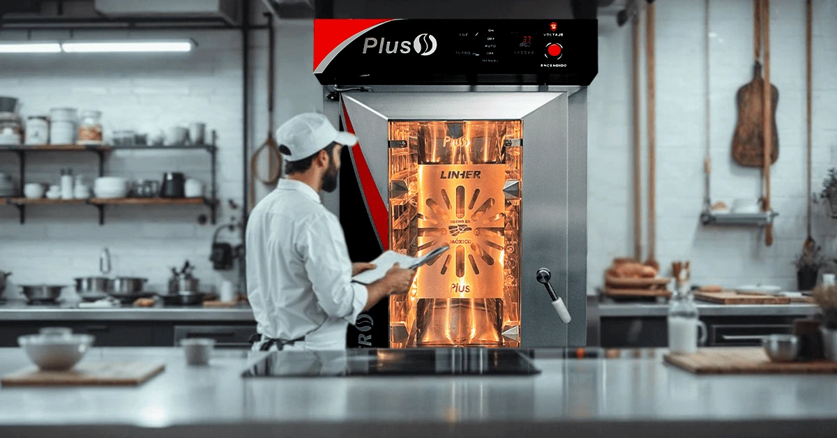 Panadero haciendo planeación de un menú para su panadería, admirando su horno de convección LINHER Plus