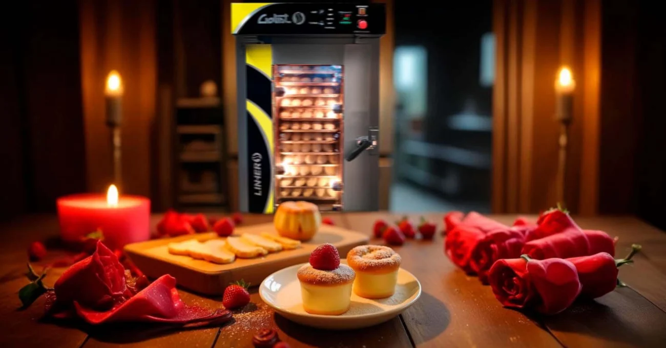 Pastelitos para San Valentín con un Horno de convección LINHER Goliat al fondo