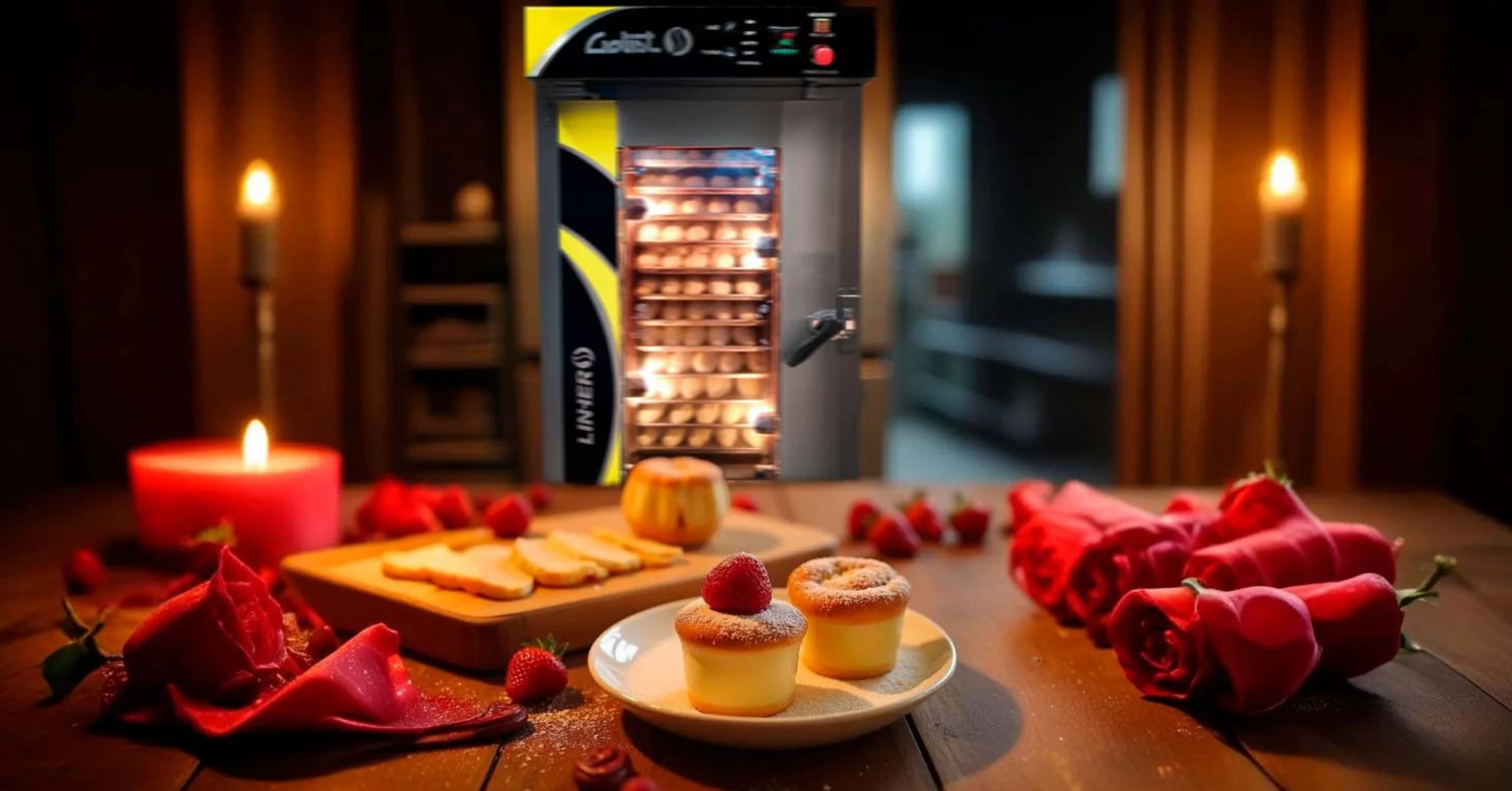 Pastelitos para San Valentín con un Horno de convección LINHER Goliat al fondo