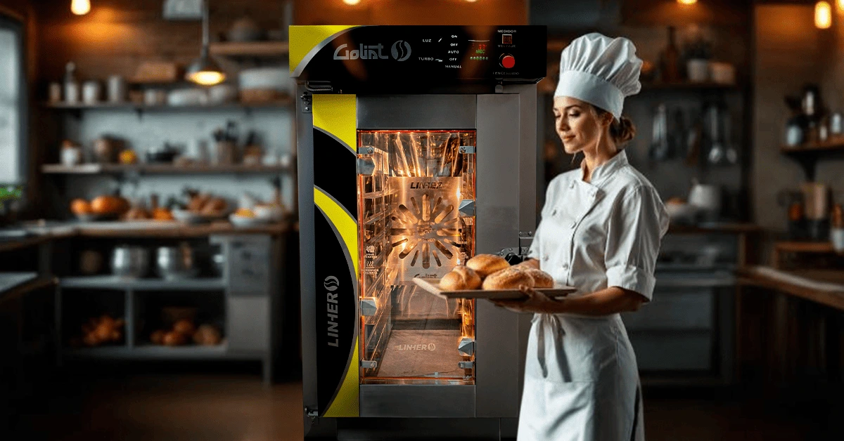 Mujer panadera empoderada usando un horno de convección industrial en una cocina profesional, en el contexto del Día Internacional de la Mujer.