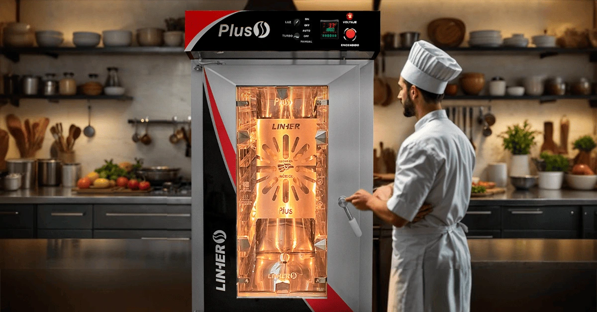Horno de convección industrial horneando tartas frutales, vegetales asados y panecillos en una cocina profesional con detalles primaverales.