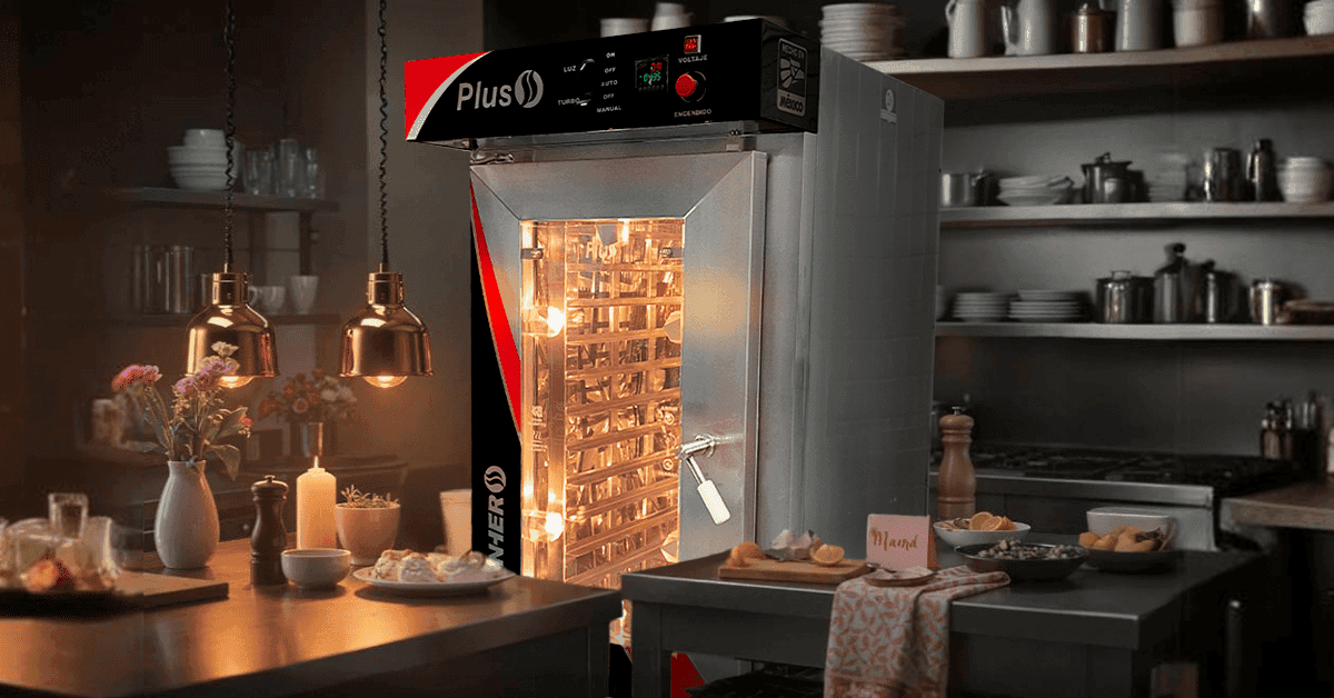 Horno de convección LINHER Plus encendido en cocina profesional con platillo gourmet y detalles sutiles del Día de las Madres.