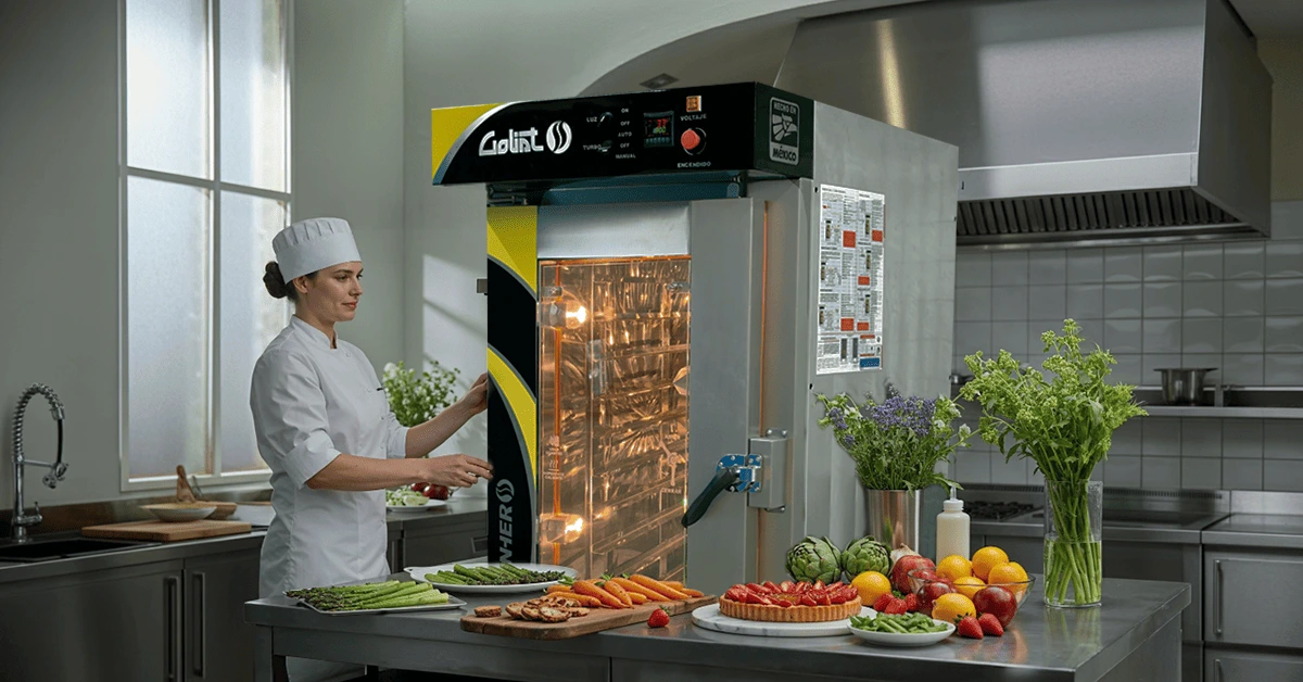 Cocina profesional de primavera con horno de convección industrial y alimentos frescos de temporada como espárragos, fresas y cítricos.