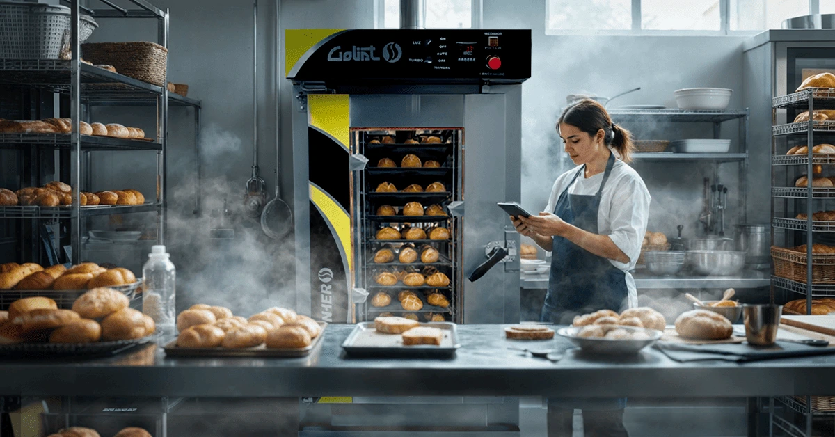 Horno de convección industrial activo en panadería profesional con pan recién horneado, vapor suave y panadera usando tablet.
