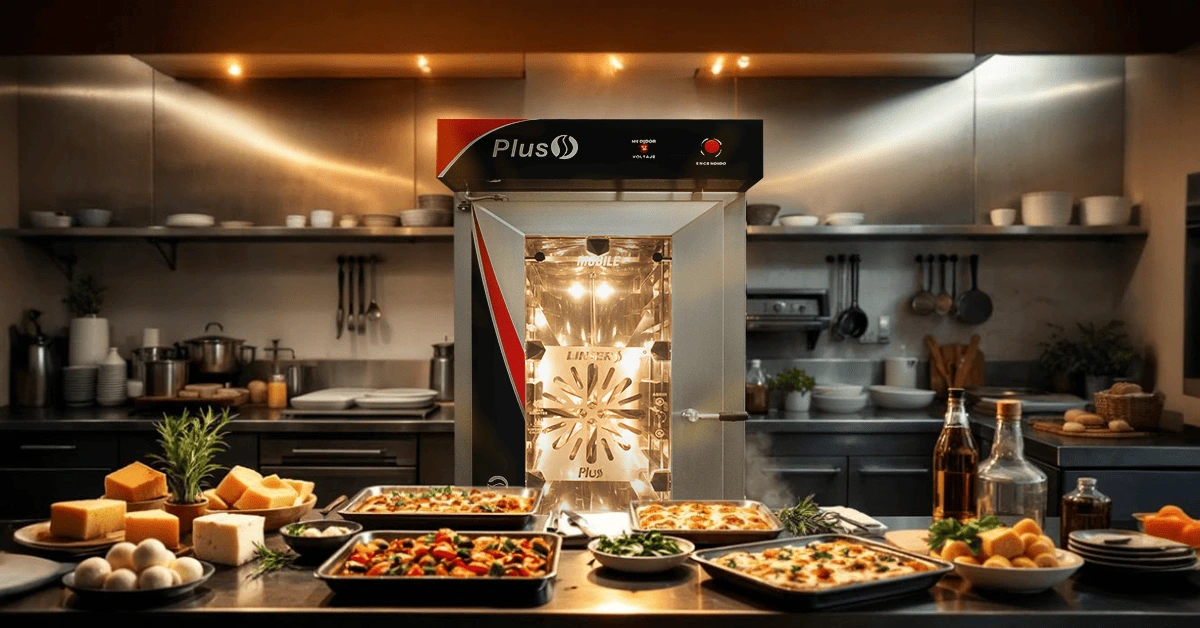 Cocina profesional con horno de convección industrial emitiendo vapor, rodeado de platillos para reuniones y mesa con ingredientes frescos.