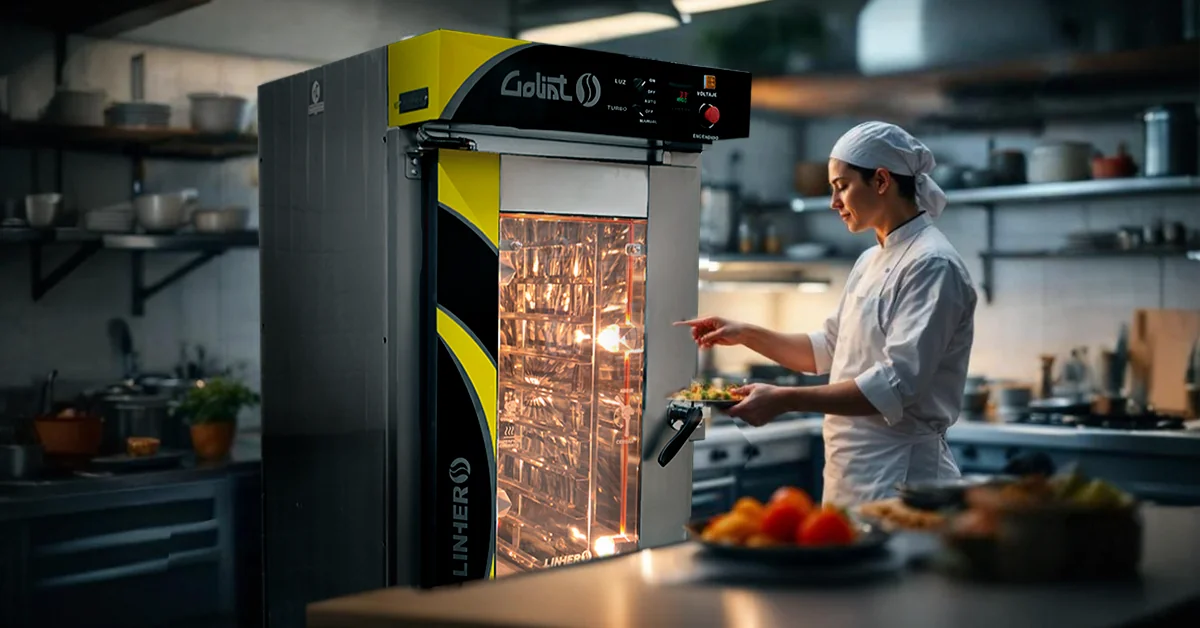 Horno de convección industrial en uso dentro de una cocina profesional limpia, con chef revisando tiempos y bandejas organizadas.