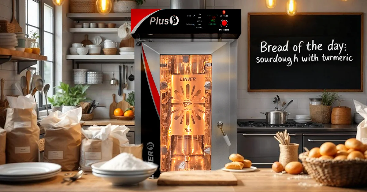 Panadería moderna con horno de convección LINHER PLUS en uso, pan artesanal dorado y ambiente saludable y tecnológico.