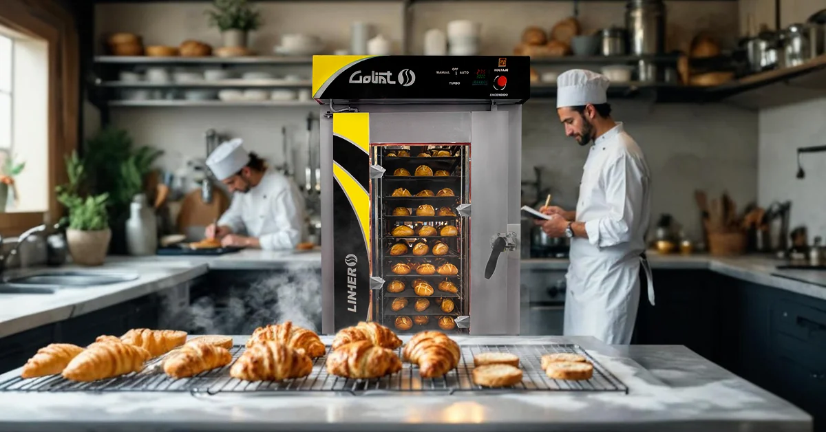 Horno de convección industrial LINHER Goliat con pan recién horneado en cocina profesional, panadero anotando tiempos y productos enfriándose en rejilla metálica.