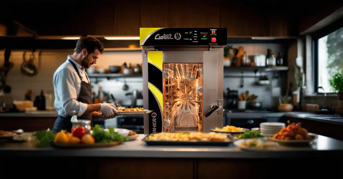 Horno de convección industrial en cocina profesional con charolas de costillas, papas y lasaña; manos cocinando alrededor y fondo desenfocado con utensilios.