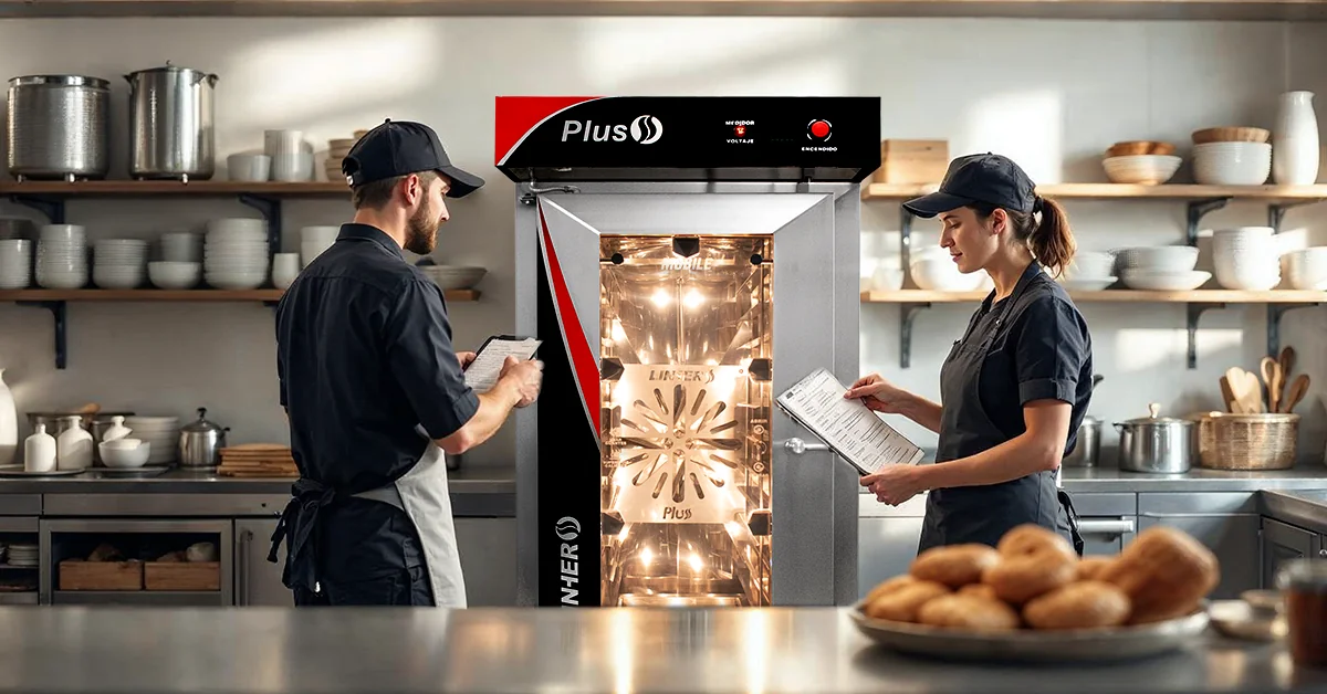 Cocina profesional ordenada con horno de convección industrial LINHER PLUS encendido, operario revisando controles y estantes organizados, reflejando eficiencia en temporada baja.