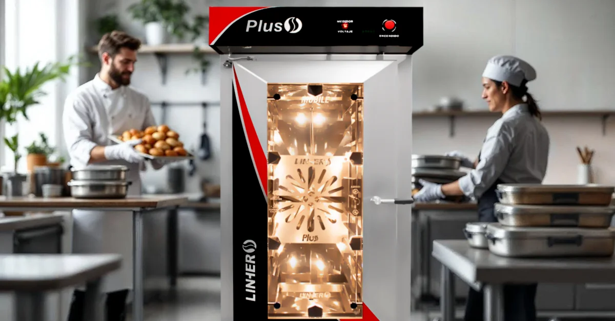 Cocina profesional moderna con horno de convección LINHER Plus encendido mostrando alimentos dorados; chef con guantes manipulando charola y empaques listos para delivery en mesa auxiliar.