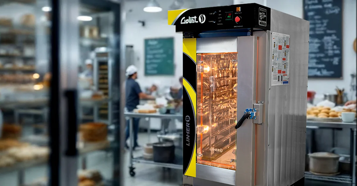 Panadería profesional con horno de convección LINHER Goliat al frente mostrando pan recién horneado; al fondo, personal trabajando con ingredientes y pizarra de producción. Ambiente limpio, eficiente y tecnológico.