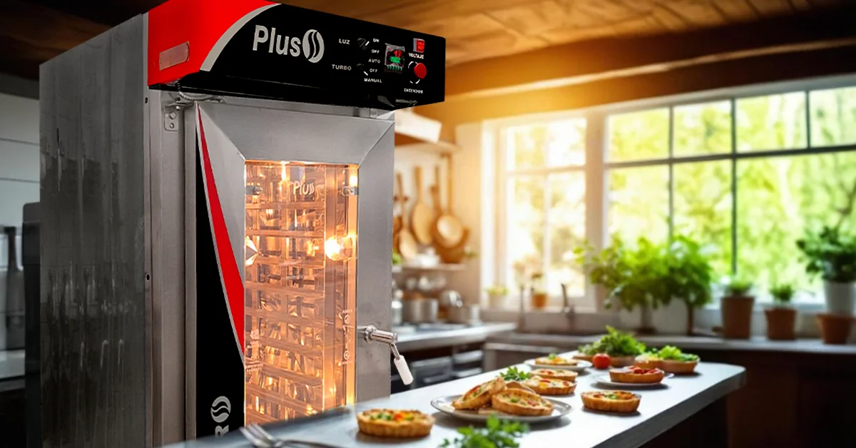 Cocina profesional iluminada por luz natural con horno de convección entreabierto y tartas recién horneadas, reflejando frescura y eficiencia.