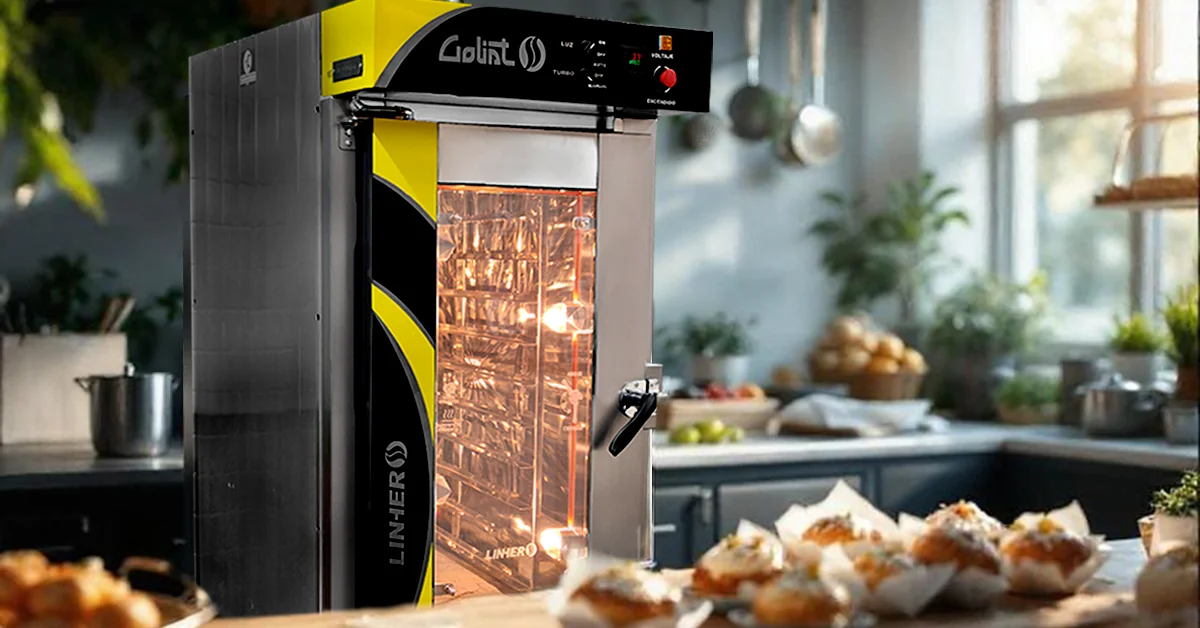 Panadería profesional con horno de convección encendido y panecillos tropicales recién horneados, listos para llevar en una mesa cercana, bajo luz natural de verano.