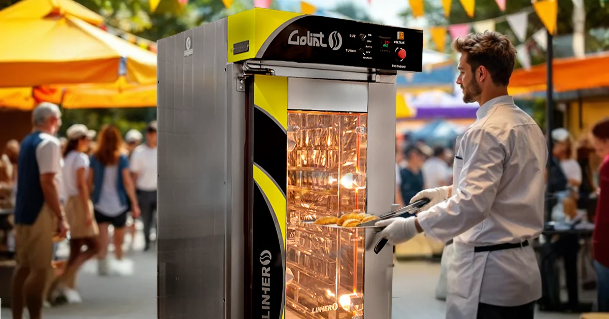 Stand de cocina profesional en feria al aire libre con horno de convección encendido, pan horneado visible y ambiente veraniego activo.