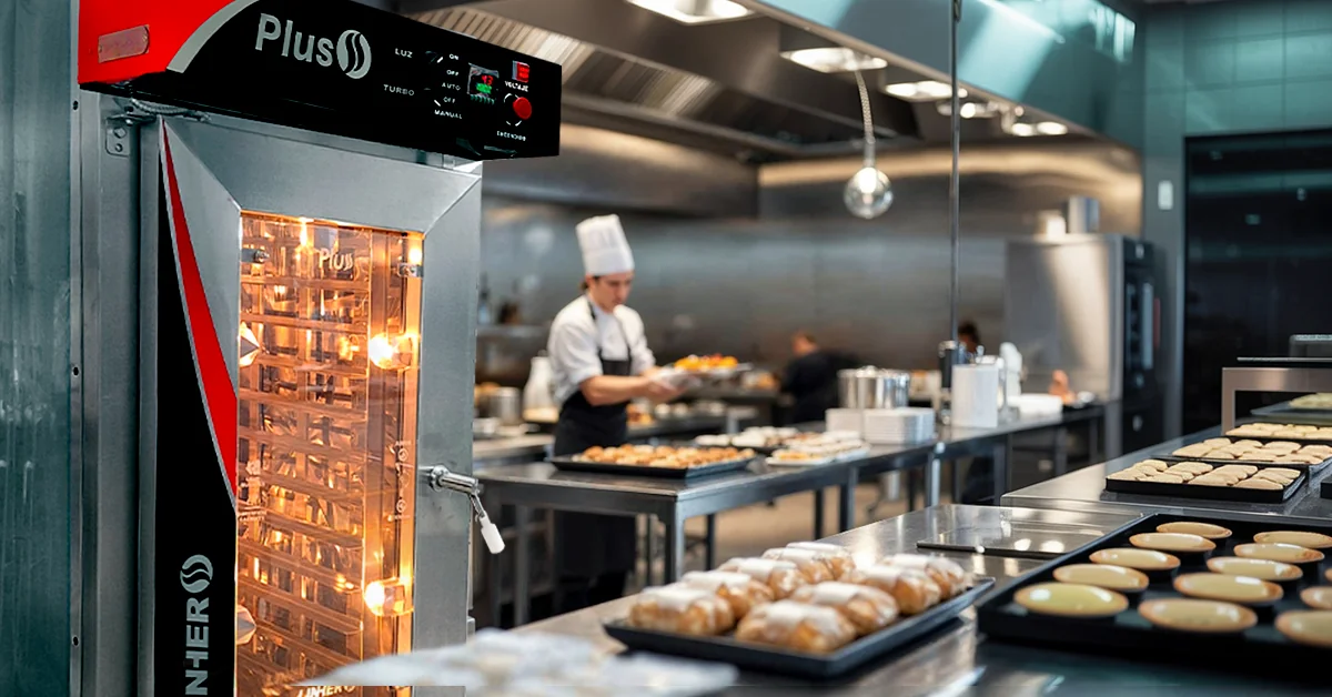 Cocina profesional en evento corporativo con horno de convección LINHER Plus funcionando, bocadillos dorados listos y empaques individuales elegantes al fondo.
