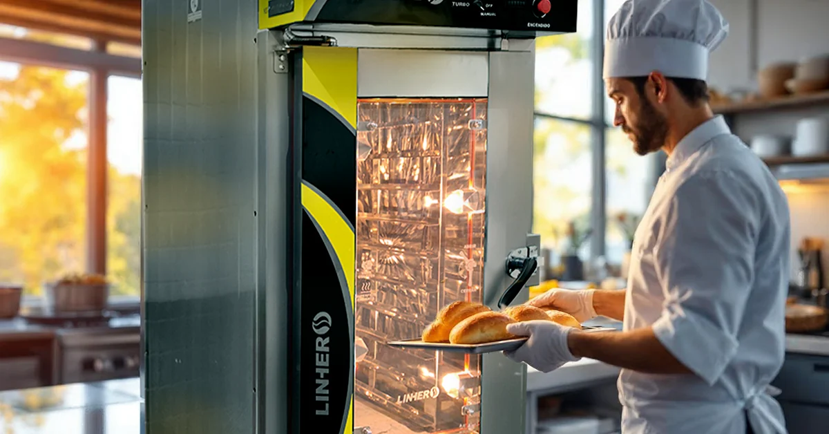 Chef sacando pan dorado de un horno de convección LINHER Goliat en una cocina profesional durante un día caluroso, con luz solar intensa y termómetro visible.