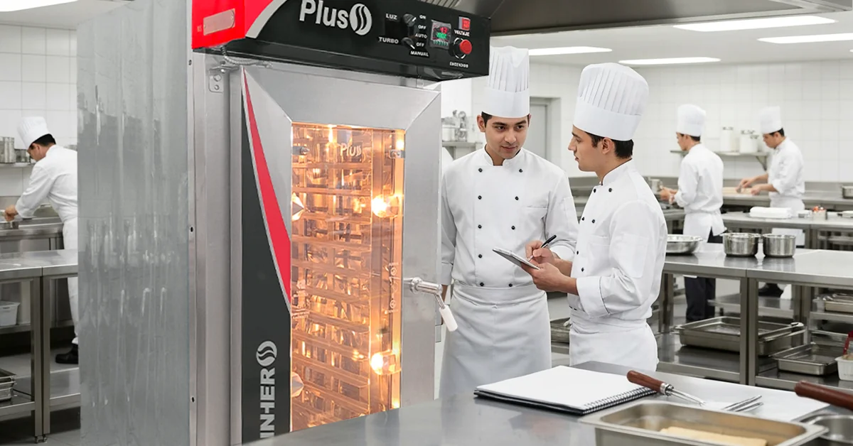 Chef capacitando a un nuevo cocinero frente a un horno de convección LINHER Plus en una cocina profesional bien iluminada, con utensilios organizados al fondo.