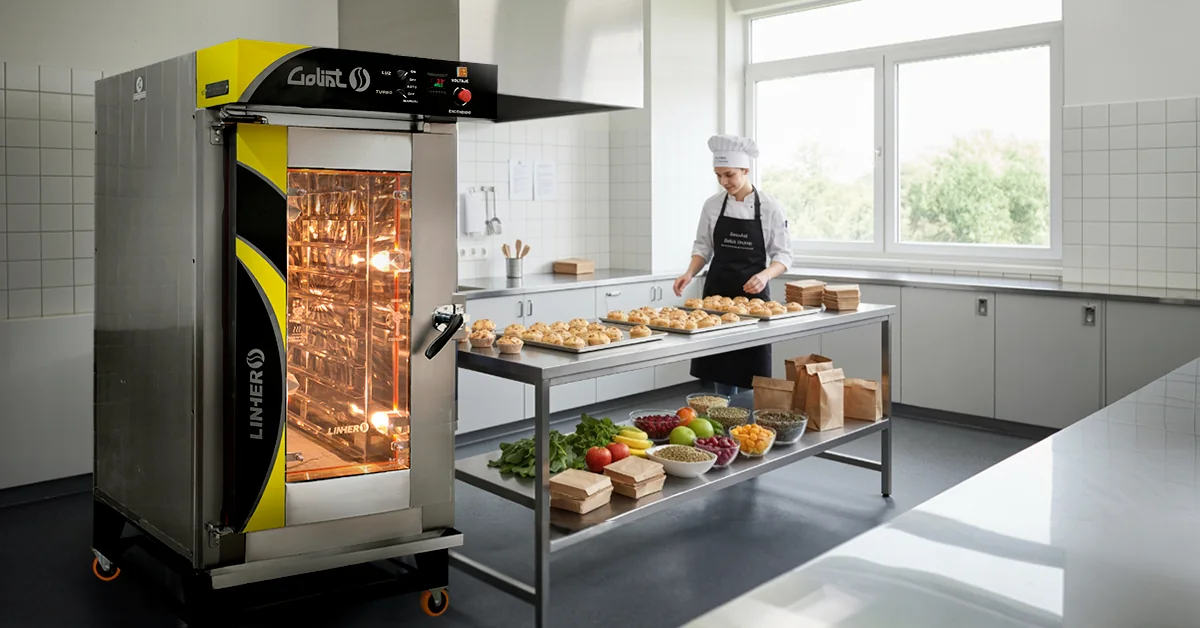 Horno de convección LINHER Goliat con muffins recién horneados en cocina escolar limpia; al fondo, panadero con mandil organiza charolas con ingredientes para lunch.