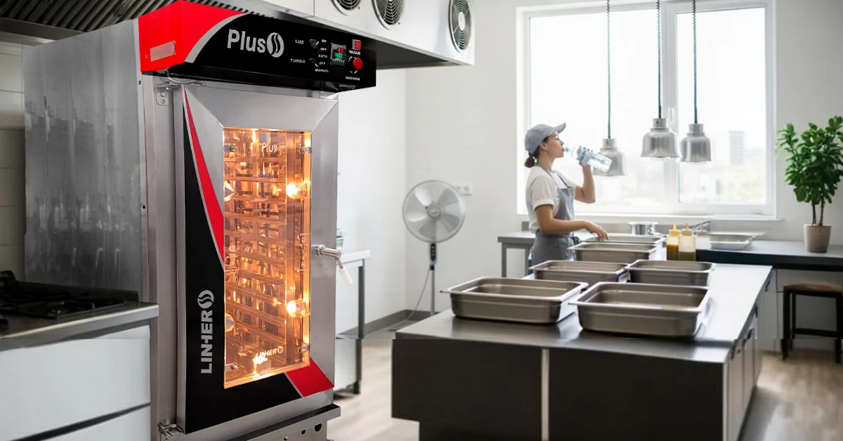 Cocina profesional en verano con horno de convección LINHER Plus funcionando; cocinero hidratándose mientras organiza charolas cerca de una ventana abierta, con ventiladores activos en el entorno.
