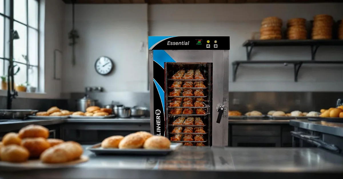 Horno de convección industrial Essential encendido en cocina panadera profesional; al frente, charola con panes dorados recién horneados, y al fondo, masas fermentando y termohigrómetro visible, reflejando precisión y control climático en temporada de calor.