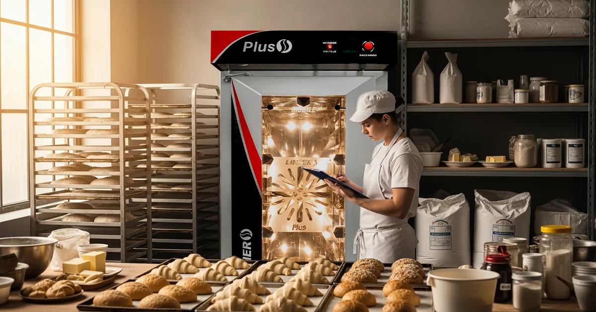Panadería profesional al amanecer con horno de convección LINHER PLUS MOBILE al centro, panadero revisando planificación junto a bandejas listas para hornear, y fondo con masas fermentando e insumos organizados bajo luz natural cálida.