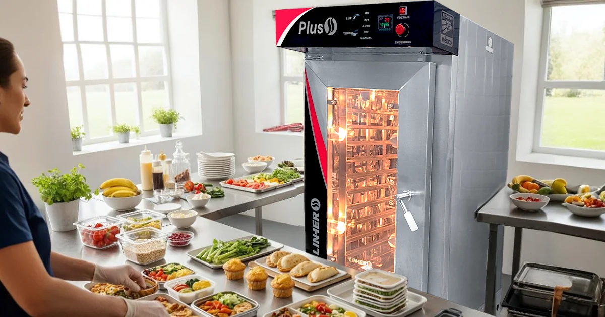 Cocina profesional iluminada con luz natural, con horno de convección industrial LINHER Plus, encendido al centro, mostrando charolas con muffins y quiches. Alrededor, estación organizada con ingredientes frescos y manos empacando alimentos en loncheras. Se transmite eficiencia, preparación escolar y uso versátil del horno.