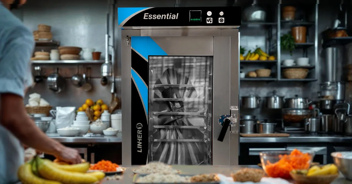Cocina profesional con horno de convección LINHER Essential al centro, ingredientes frescos como avena, zanahoria y plátano sobre mesa limpia, y panadero organizando productos en envases escolares. Se transmite nutrición, orden y eficiencia para alimentación escolar.
