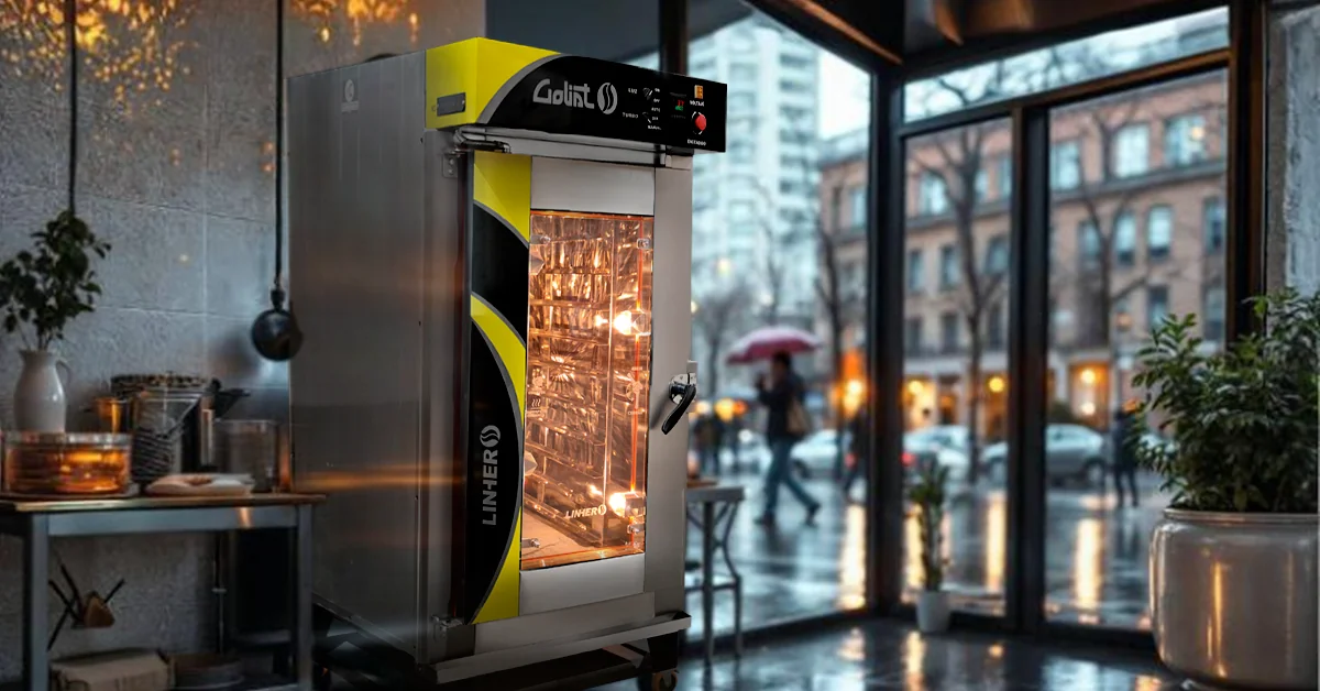 Horno de convección LINHER Goliat encendido junto a una ventana con vista a una calle lluviosa, en panadería profesional limpia y bien iluminada.